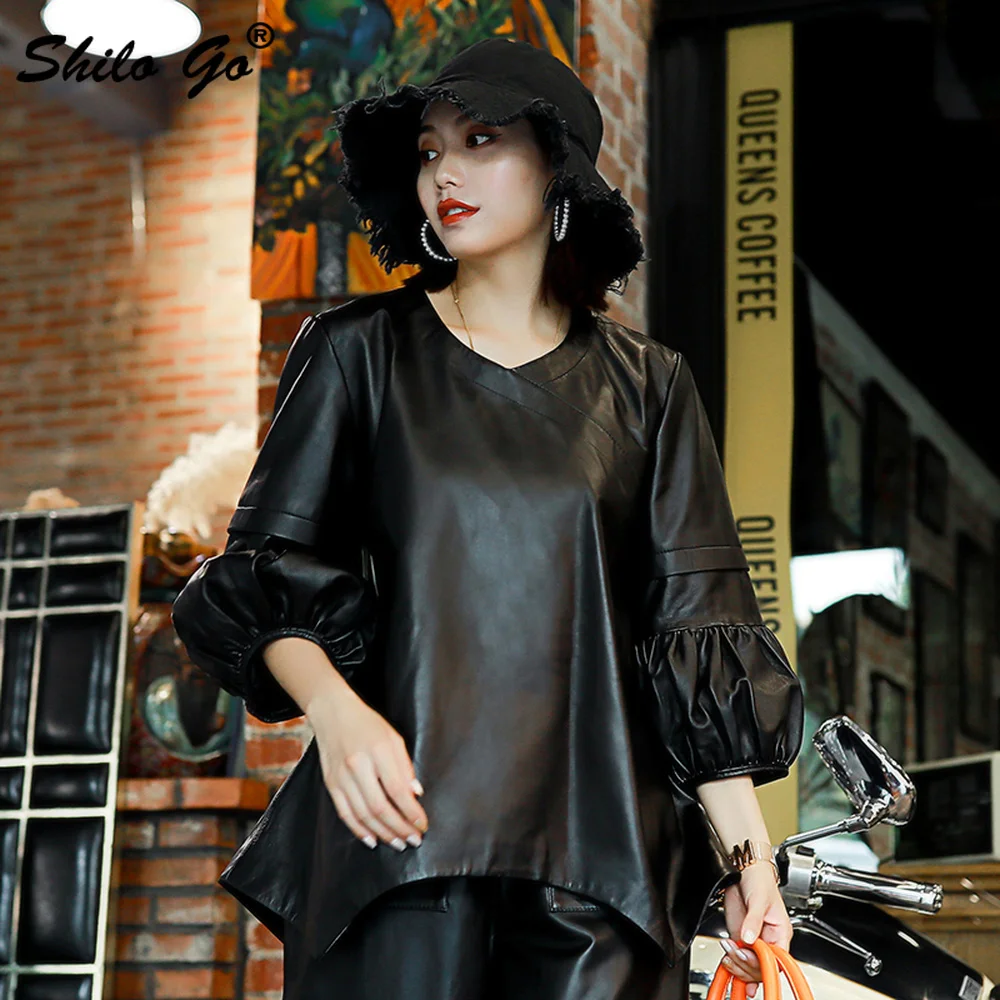 Genuine Leather Blouse Black V Neck Bishop Sleeve Peplum Top Blouse Women Elegant Autumn Vintage Office Lady A Line Blouses