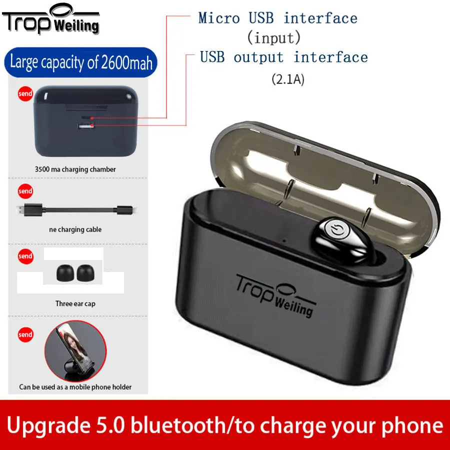 Беспроводные наушники TROP WEILING Mini Dual V5.0, Bluetooth наушники, 3D стерео звук, наушники с двойным микрофоном и зарядным устройством - Цвет: T-X9-Black-B-S1