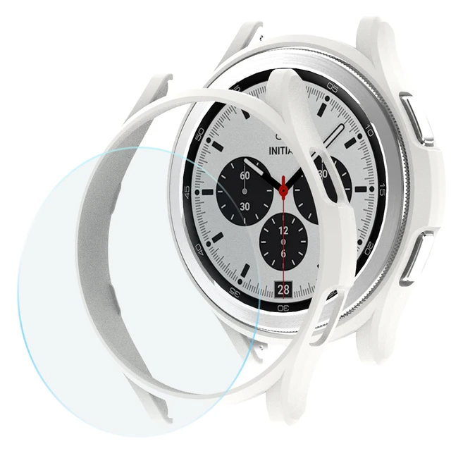 Glass+Case for Samsung Galaxy Watch 4 Classic 42mm 46mm,PC Matte Cover All-Around Protective Bumper Shell for Galaxy Watch4 White One Glass