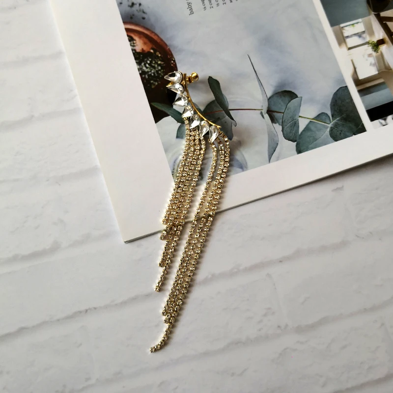 GHIDBK Boho изысканные длинной кисточкой серьги-клаймберы нежные многослойные горный хрусталь серьги клипсы золотое покрытие свадебные серьги на зажимах Свадебные украшения подарки