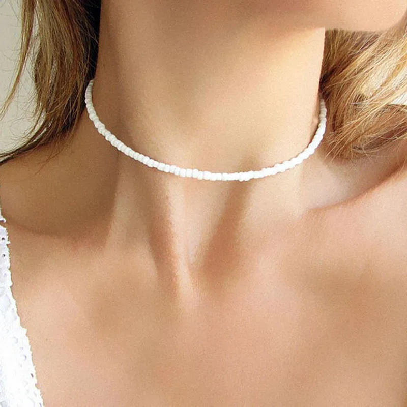 White Glass Beads Choker Necklace Short 
