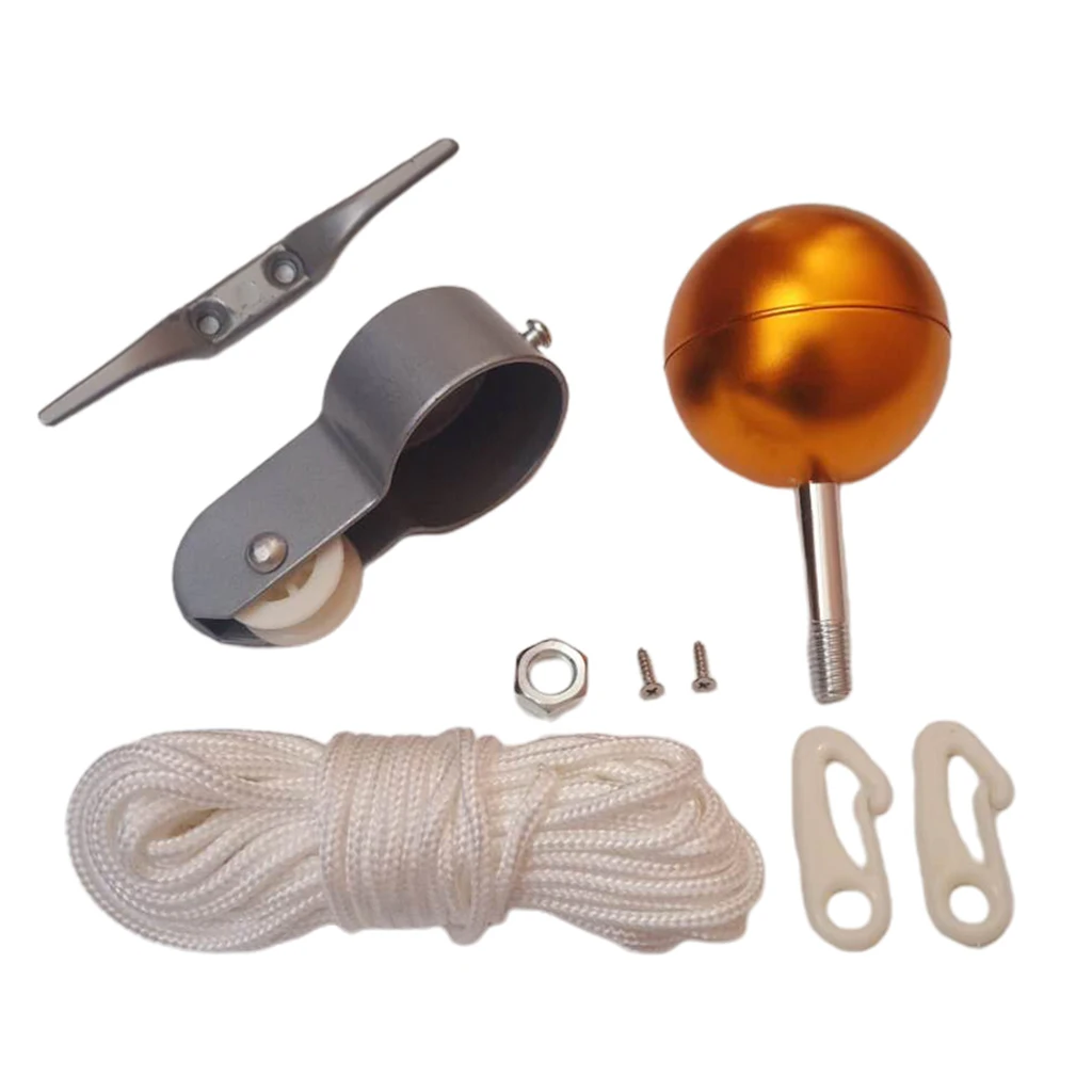 All-in-1 Flag Pole Replacement Parts 2'' Truck Pulley Golden Ball and Cleat Rope