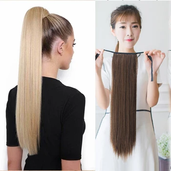 

Women's Synthetic Black Brown Long Straight Wrap Around Clip In Ponytail Hair Extensions Natural Black Brown Pony Tail Fake Hair