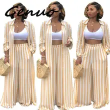 Genuo Wide Leg Pants Striped Set Top And Pants Full Length Pants   Pants Set Two Piece  O Neck  Women Set Womens Outfits 2019