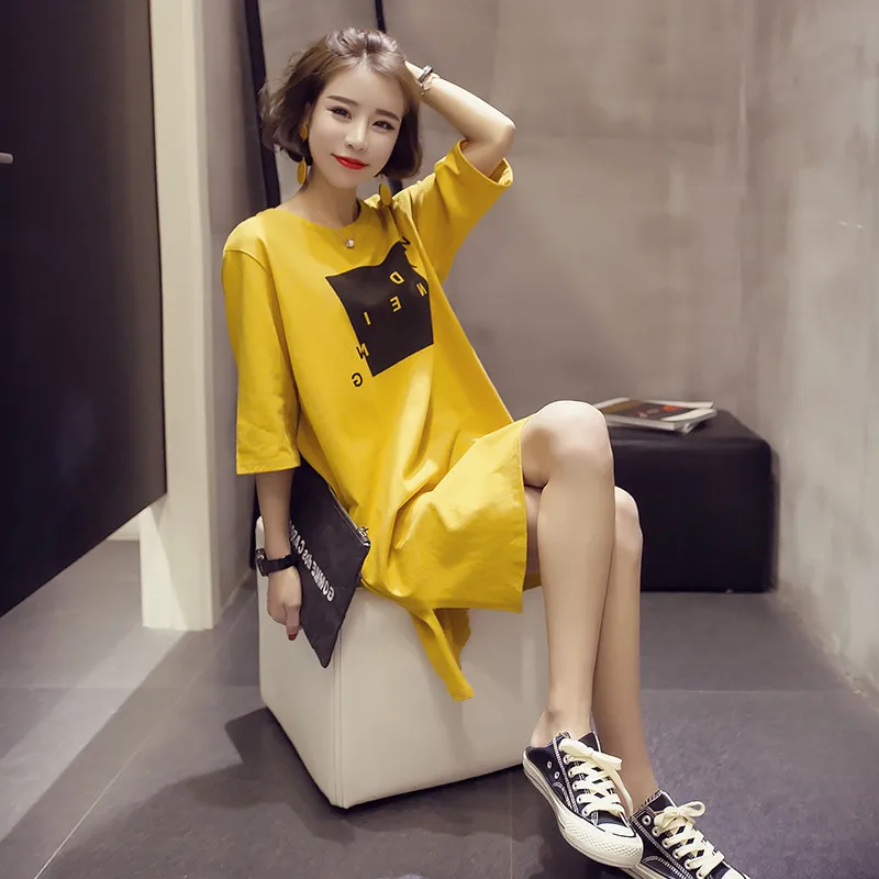 

2019 Summer Wear New Style Korean-style Loose-Fit Mid-length Short Sleeve Slit Dress WOMEN'S Half Sleeve Students T-shirt Blouse