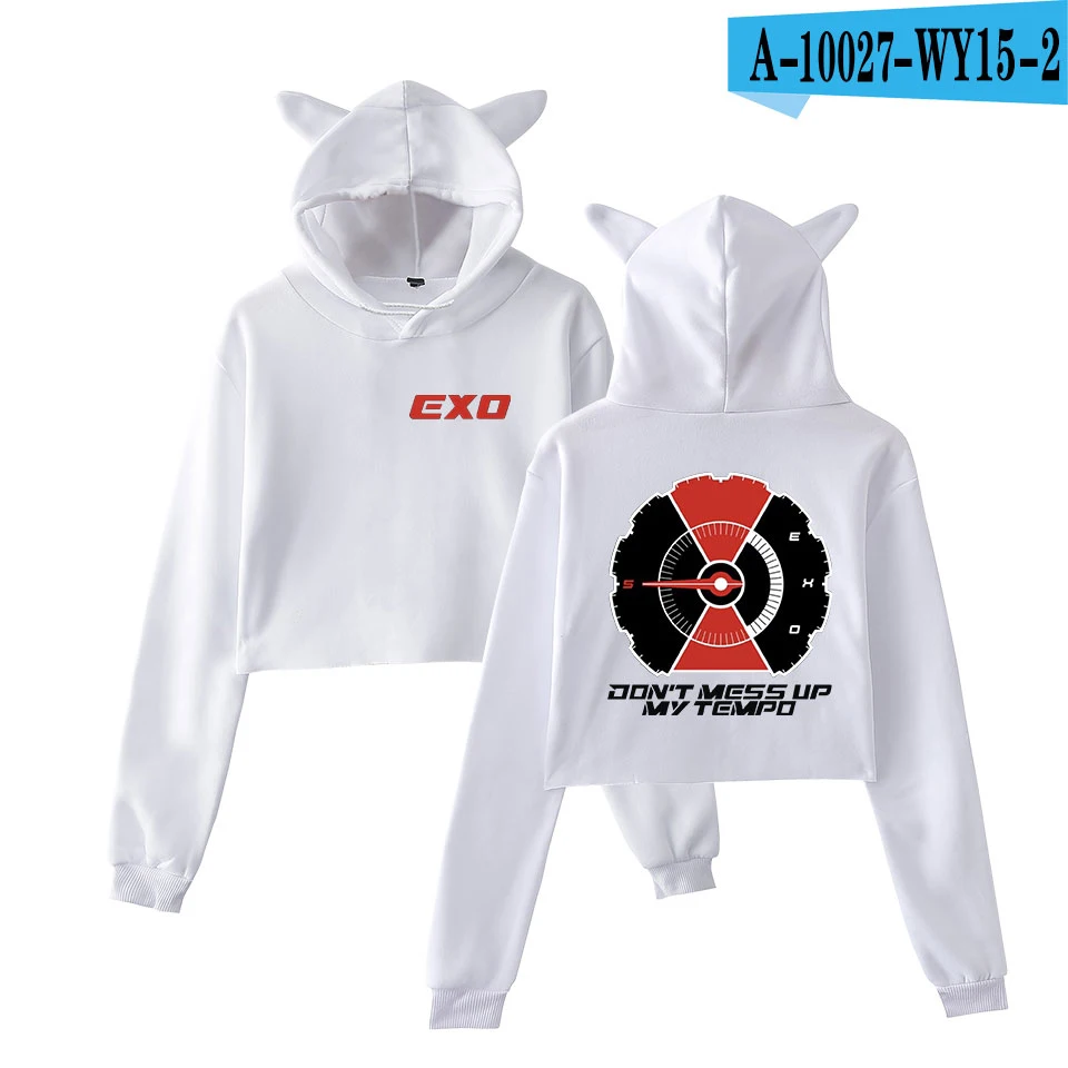 EXO с принтом, в стиле KPOP кошачьими ушками укороченный топ толстовки Для женщин с длинными рукавами Kawaii куртка с капюшоном EXO Повседневное сексуальная одежда Прямая - Цвет: white