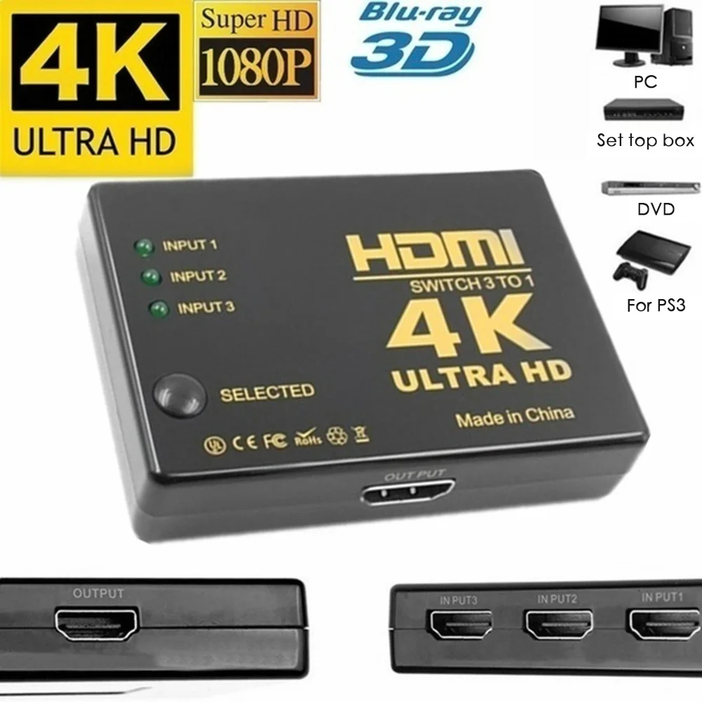 3D 1080p HDMI Switch Switcher Splitter Hub+IR Remote 4K*2K 3 Input 1 Output   Designed Wear Resistance