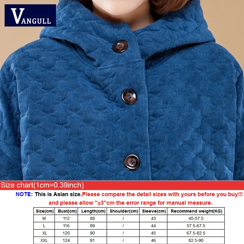 Vangull/зимние Вельветовые женские куртки, плотные длинные пальто с капюшоном, новые осенние повседневные свободные однобортные вельветовые куртки