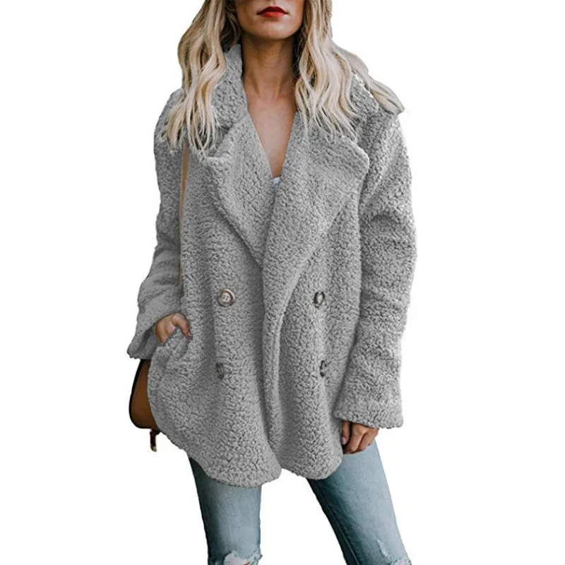 Высококачественное плюшевое пальто для женщин, элегантное Толстое Зимнее плюшевое пальто, искусственный пушистый флис, двойной карман, искусственный мех, плюшевая куртка для женщин
