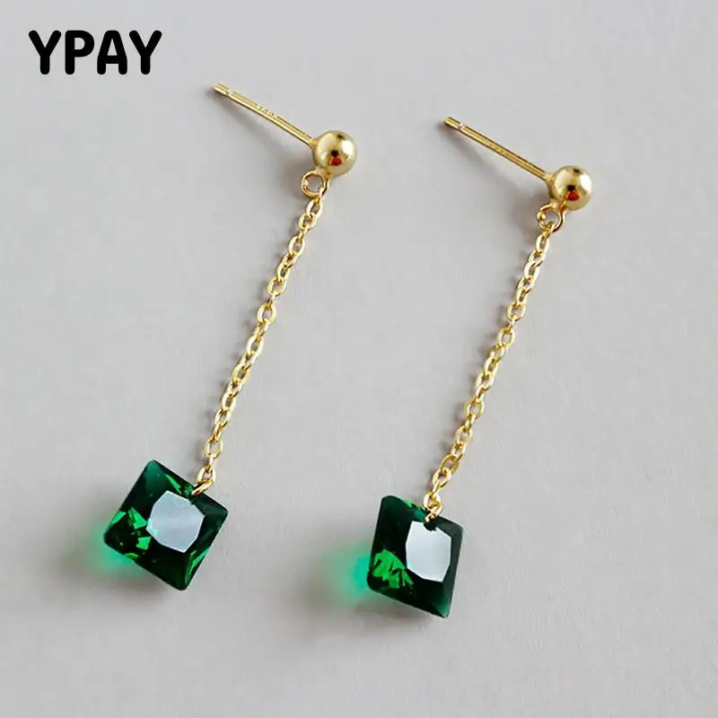 

YPAY 100% Genuine 925 Sterling Silver Drop Dangle Earrings for Women Korean Gold Plated Irregular Square Zircon Jewelry YME297