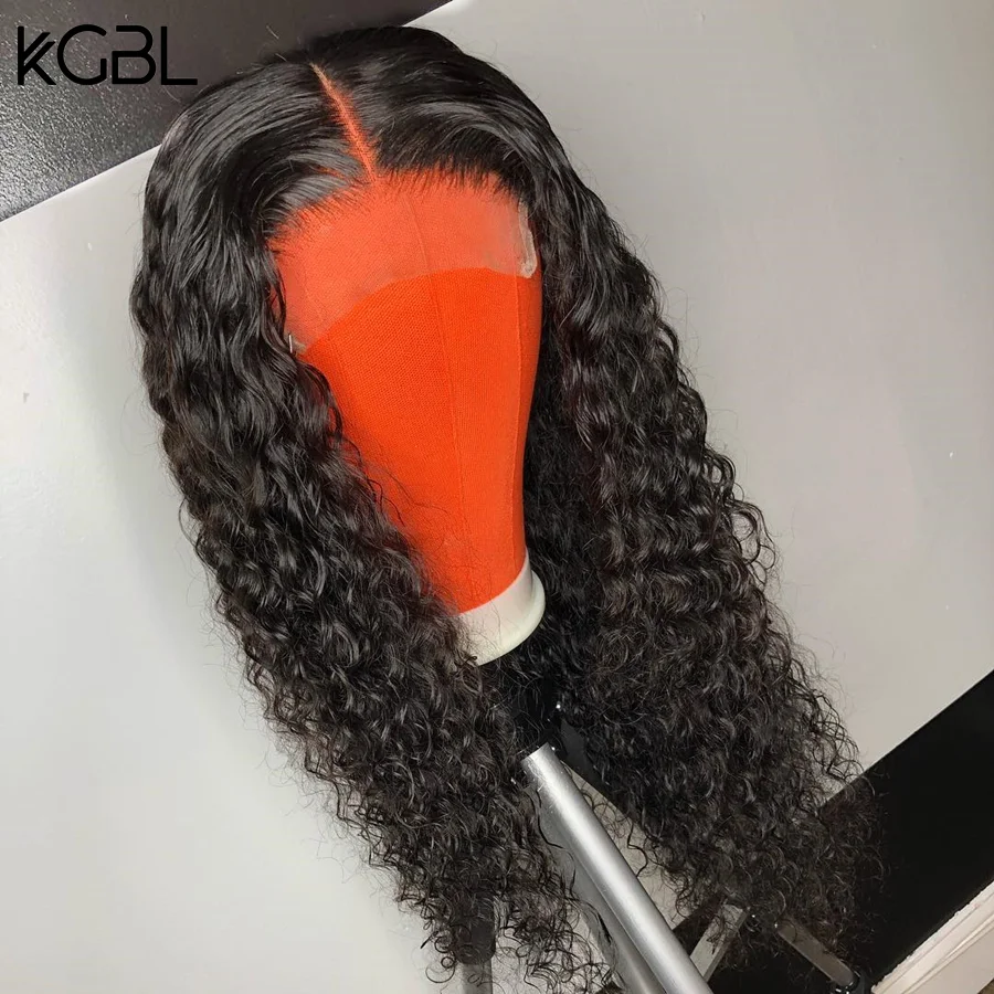 KGBL вьющиеся 13*4 Кружева спереди средний коэффициент "-24" не-Remy человеческие волосы парики натуральный цвет бразильские волосы парики с детскими волосами