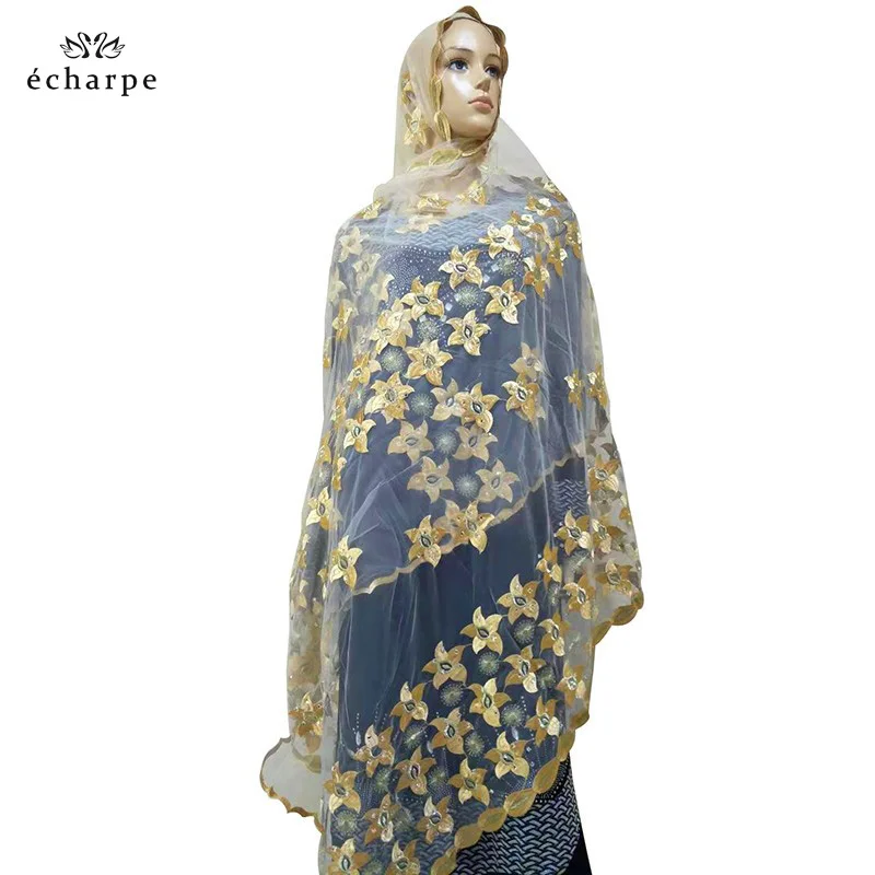 Простые шарфы с цветочной вышивкой африканские женские мусульманские шарфы шарф из тюли материал танспарта для Шали Обертывания BM809