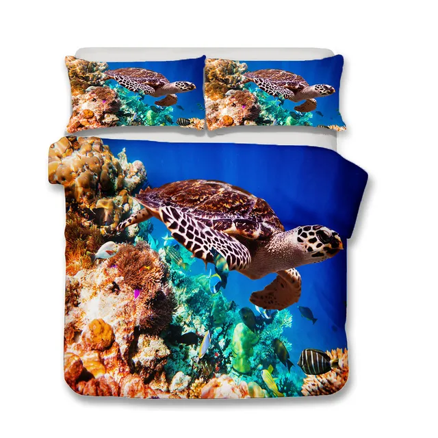 Double Bedspread 3D Underwater Turtle Printed Home Textiles with Pillowcases Bedding Clothes Queen Couple Single Size for Kids