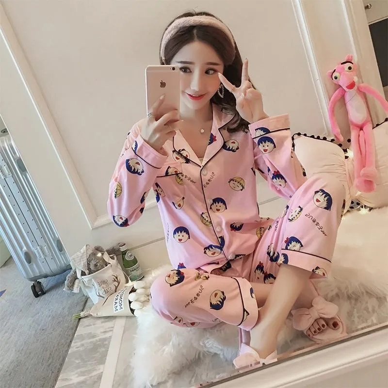 

Cherry Small Meatball Pajamas Women's Spring And Autumn Long-sleeved Cardigan Korean-style Sweet Cute Pajamas Students Set Home