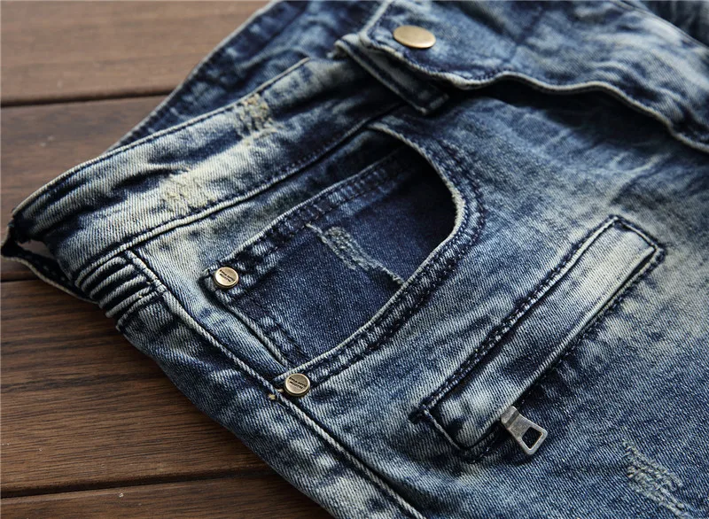 Мужские плиссированные джинсы для байкеров, брюки Slim Fit, брендовые дизайнерские мотоциклетные джинсовые брюки для мужчин, прямые, Промытые, на молнии