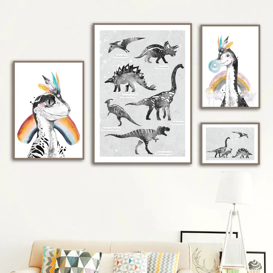 Rainbow-Feather-Baby-Dinosaur-Graph-Wall-Art-Canvas-Painting-Nordic-Posters-And-Prints-Wall-Pictures-For