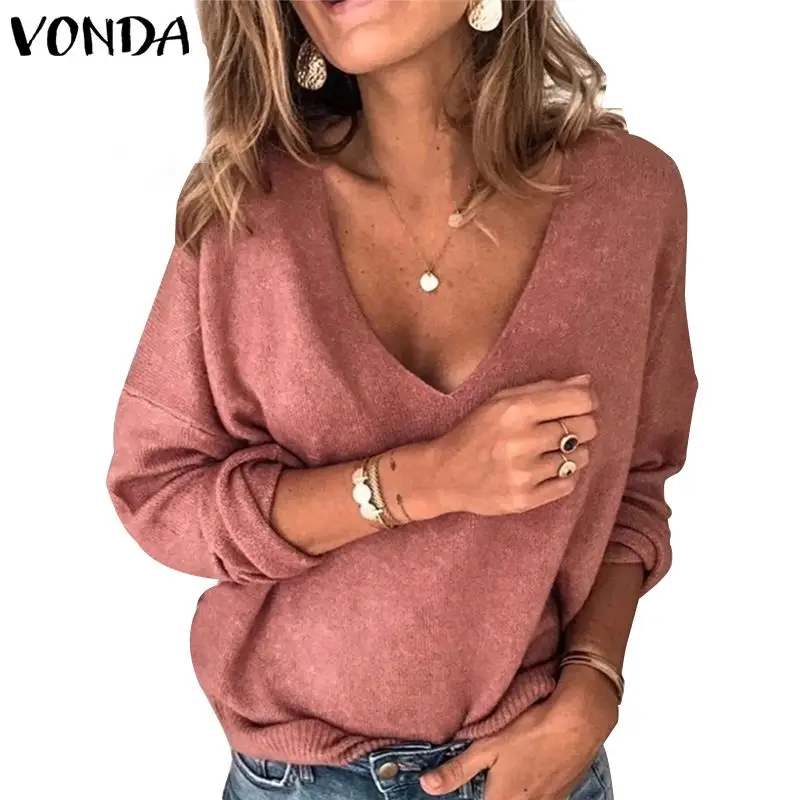 VONDA, женская блузка, глубокий v-образный вырез, тонкий свитер, осенняя вязаная одежда, топы, Повседневная рубашка с длинным рукавом, джемпер, пуловер для женщин, Blusas 5XL - Цвет: As Picture