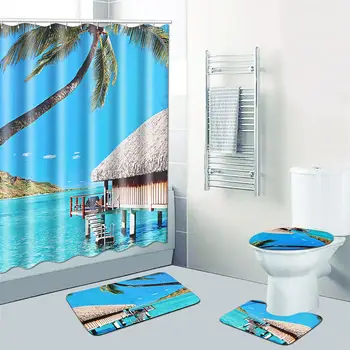 

New Waterproof Bathroom Shower Curtain 4PCS/Set Non-Slip Toilet Cover Mat Rug Hooks Polyester Sea Beach Bath Curtains Accessorie