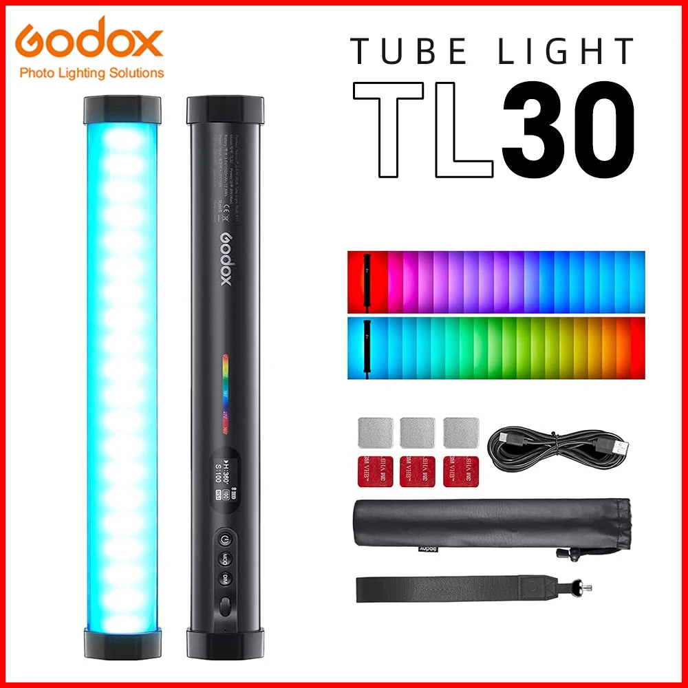 Godox TL30 2-Light Kit Full-Color RGB Tube Light Magnet Design 13 Fx Light Effect 2700k-6500K Adjustable Brightness Adjustable CRI 97 TLCI 99 Accurate Color RGB CCT HSI Mode APP Control Support 