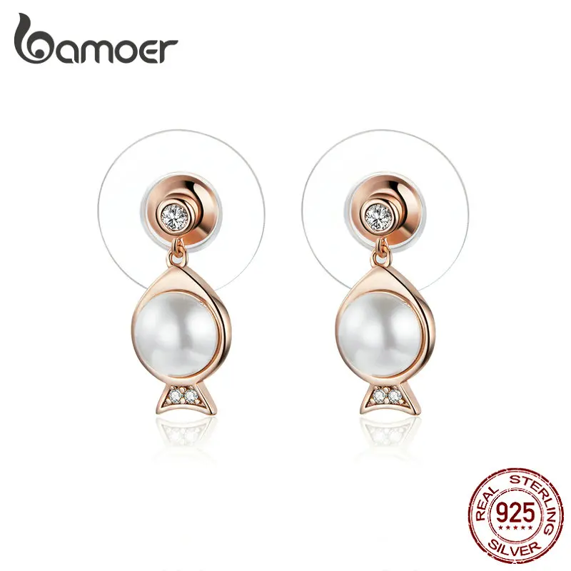

bamoer Sterling Silver 925 Round Pearl Fish Dangle Earrings for Women Rose Gold Color Hypoallergenic Stud Jewelry SCE798