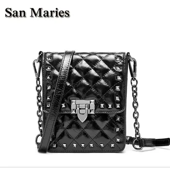 

San Maries 2 Straps Classic Plaid Female Tote bag Quality Cow Leather Women's Designer Handbag Rivet Shoulder Messenger bags
