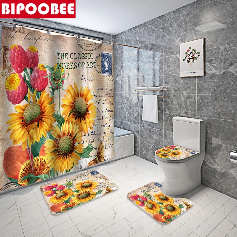 Sunflower Bathtub Shower Curtain Non-Slip Rug Bath Mats Rug Lid Toilet Cover Set 