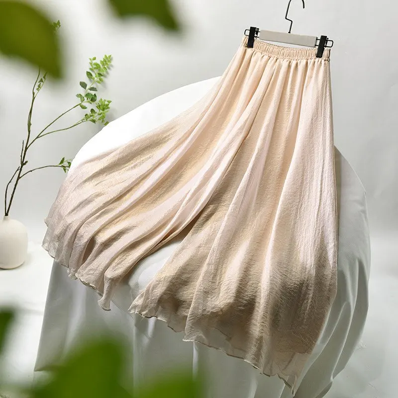 Women's Vintage Double Layer Pants Chinese Style High Waist Imitated Silk Chiffon Shiny Wide Leg Skirt Pants 2024 Spring PA111