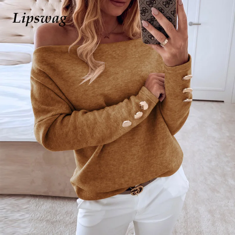 Sexy Off Shoulder Buttoned Blouse shirt Women Elegant Long Sleeve Button Pullover Tops Female Slash Neck Solid Streetwear Blusa | Женская