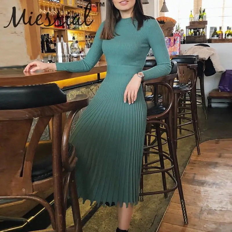 Miessial, вязаное, одноцветное, плиссированное, элегантное, миди платье, для женщин, с длинным рукавом, сексуальное, бодикон, платье для женщин, осень, зима, вечерние, Клубное платье, новинка