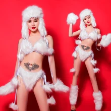 Сексуальный сценический костюм для женщин, белый пушистый комплект бикини для танцев, одежда для выступлений, женская певица, Рождественский праздничный наряд DT1694