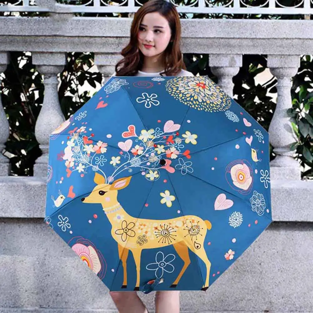 

Cartoon Rubber Cloth Deer Flower Women Summer Durable Foldable compact style Anti-UV Sun Rain Mini Three-folding Umbrella