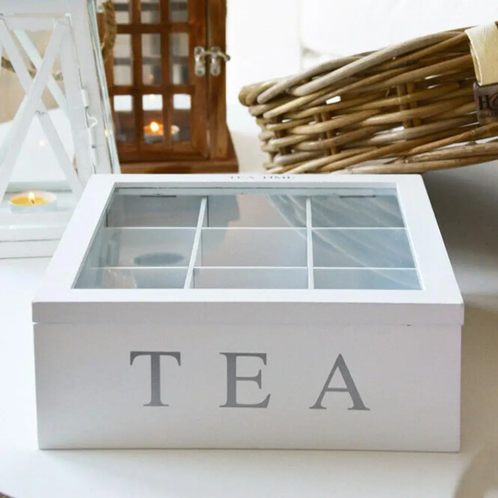 Retro Style Bamboo Tea Box With Lid 9 Compartment Coffee Tea Bag