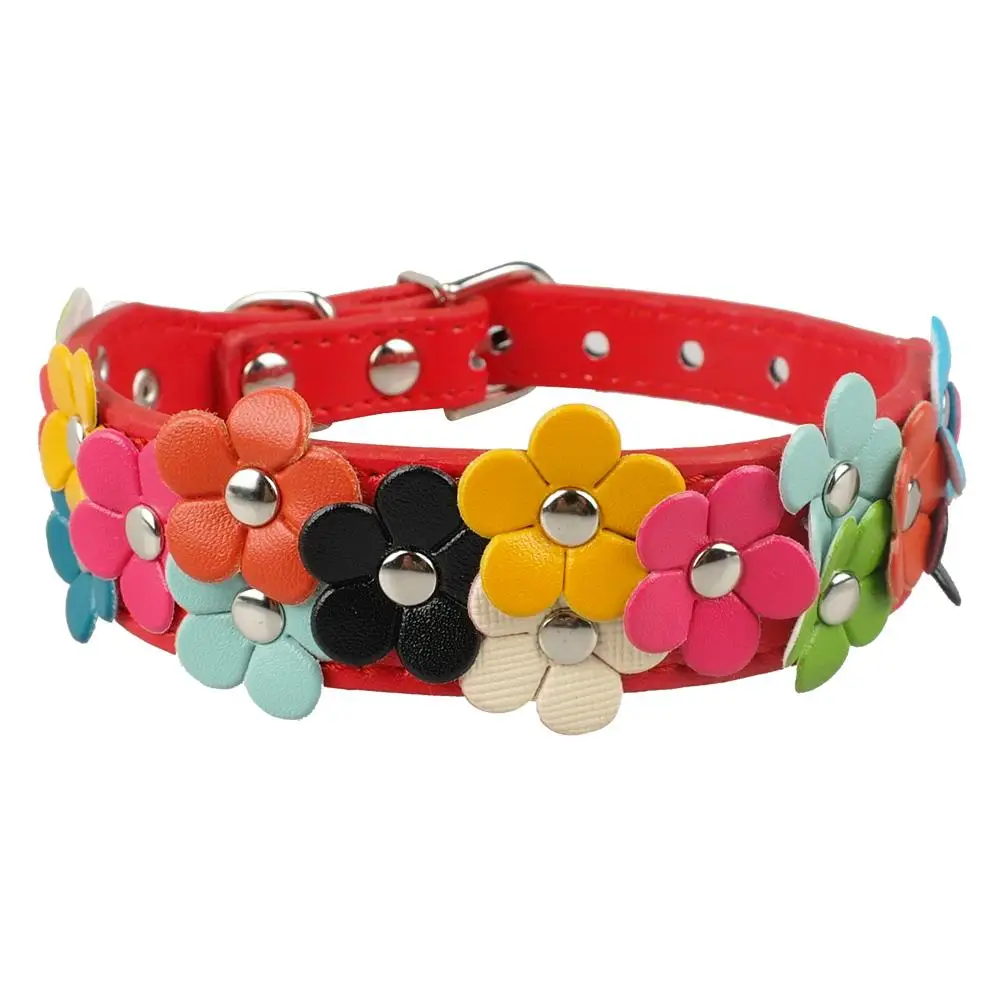 Ошейник для собак с цветами, милые Кожаные шипованные ожерелья для собак, ошейники для домашних животных для маленьких средних собак, розовые/черные/красные цвета для чихуахуа D40 - Цвет: Красный