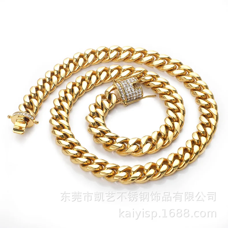 

Europe And America Fashion Stainless Steel Cuba Necklace Men Hip Hop Encryption Semi-Circular Grinding Spacious Electroplated Ne