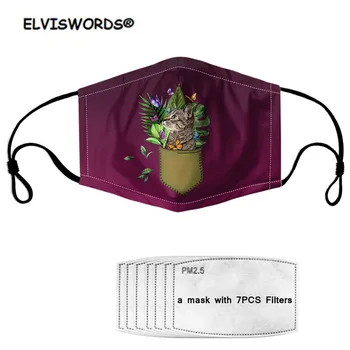 

ELVISWORDS Purple Kids Face Mask Cute Pocket Animal Cat Pattern Adult Dustproof Face Mask with 7 Filters Washable Reusable Mask