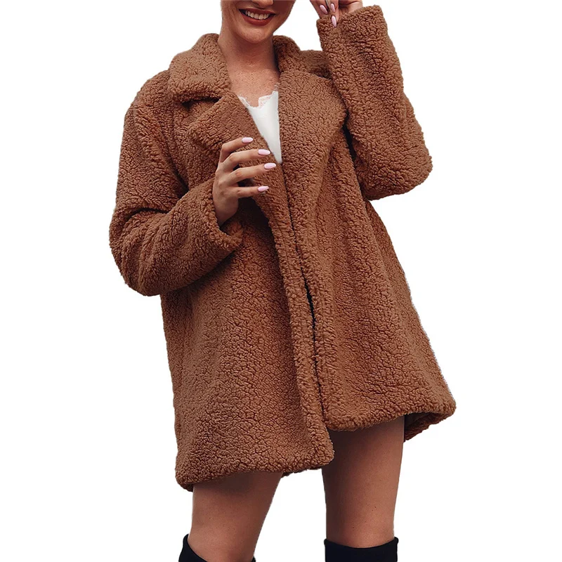 Плюшевое пальто, Женское пальто с открытой строчкой, модное женское теплое пальто с искусственным мехом, зимняя однотонная верхняя одежда с отложным воротником - Цвет: Khaki