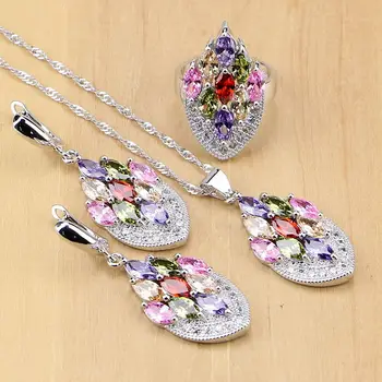 

Multicolor Stones CZ 925 Silver Jewelry Sets For Women Wedding Charms Necklace Pendant Bracelets Drop Earrings Rings