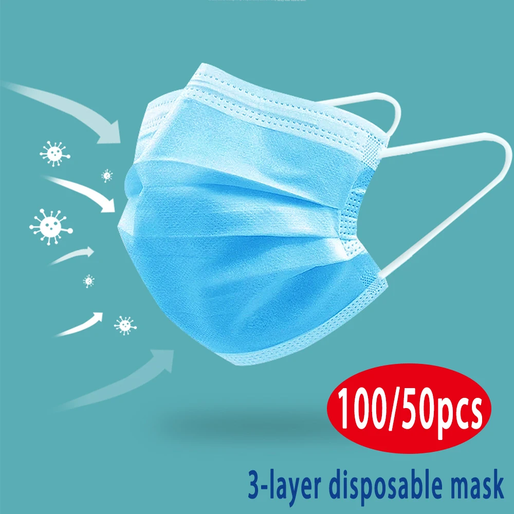 

50/100pcs 3 Layer Disposable protective mouth mask Non Woven Anti-dust face masks Safe Breathable Adult blue face shield