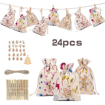 

24PC Christmas Advent Calendar 1-24 Countdown Bag Hanging Candy Gift Sacks Pouch with Clips Stickers Rope Home Christmas Decor
