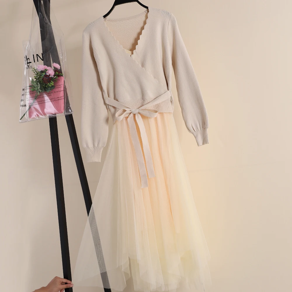 Women Dress Женское платье с рукавом-фонариком с v-образным вырезом, асимметричное Плиссированное трикотажное платье с оборками и бантом, Новая Винтажная повязка, Сетчатое газовое платье-пуловер миди - Цвет: Women Dress