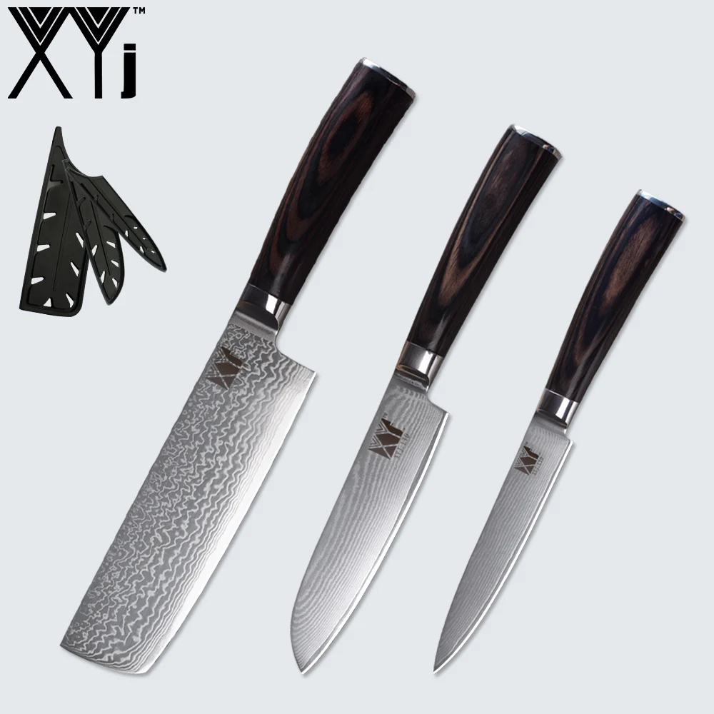 3pcs set XYj Дамасская сталь набор кухонных ножей инструмент свободная крышка VG10 острое лезвие цвет деревянной ручкой кухонная принадлежность - Цвет: 3pcs set
