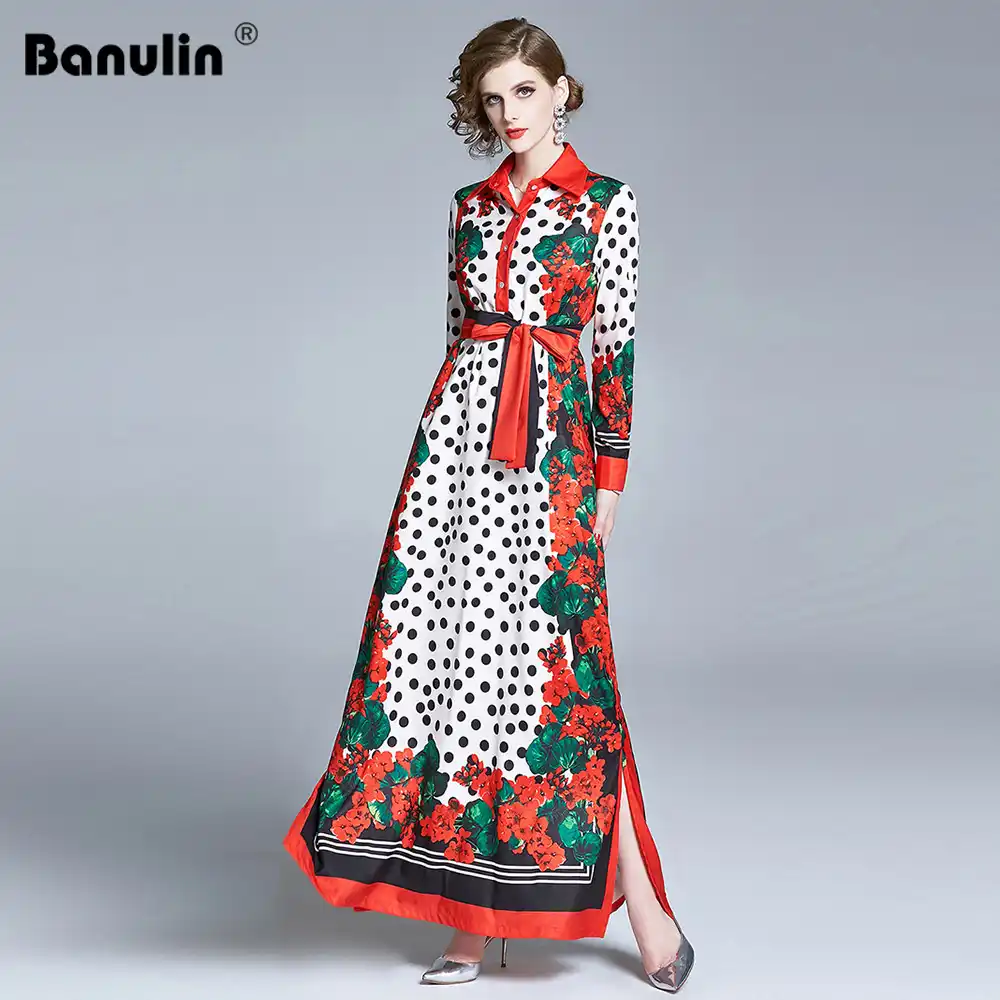 Banulinファッションデザイナー滑走路ドレス秋冬女性のドレス長袖ドット花柄ルースローブマキシドレス ドレス Aliexpress