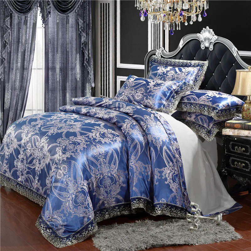 Home textile silver bedding set Jacquard Lace duvet cover set 4pcs bed linen European bed cover luxury golden flat sheet scallop Home textile silver bedding set Jacquard Lace duvet cover set 4pcs bed linen European bed cover luxury golden flat sheet scallop