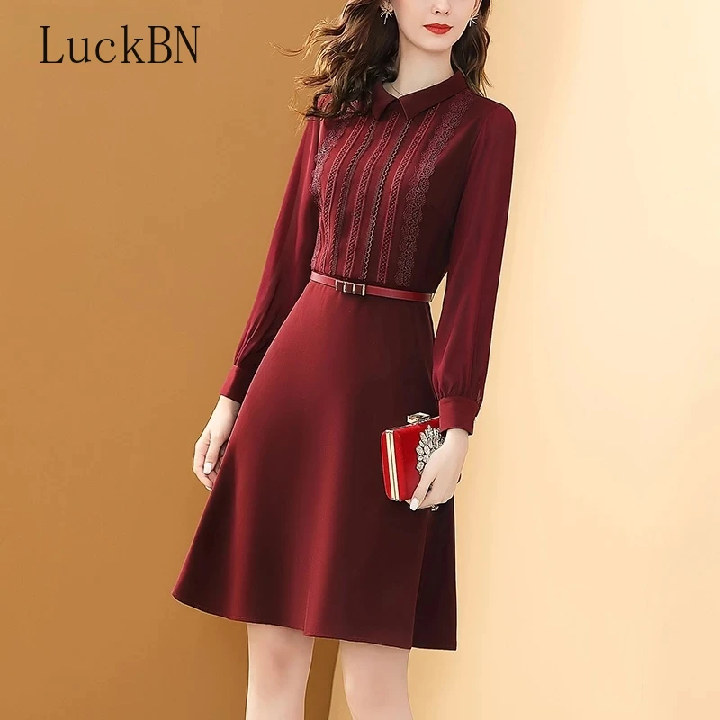 Vestido Rojo elegante fiesta para mujer, ropa de otoño invierno con cinturón, costura de cuello tipo Polo, ajustado, rojo vino|Vestidos| -