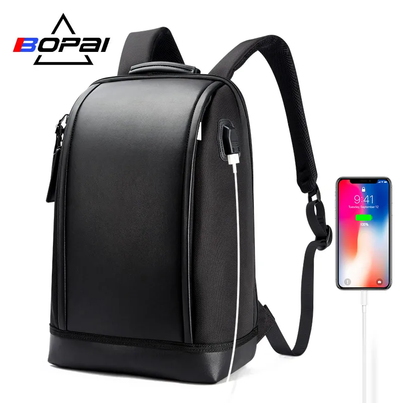 BOPAI Shell Shape Business Men's Office Work Backpack USB Charge Cool Male Leather Daypack Backpack Men's Shoulder Bags for Work