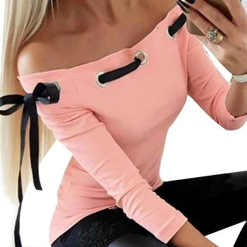 

Elegant Women Autumn Winter Slim Fit T-Shirts Sexy Off Shoulder Slash Neck Long Sleeve Solid Tops Female Lace Up Tee Shirts D30