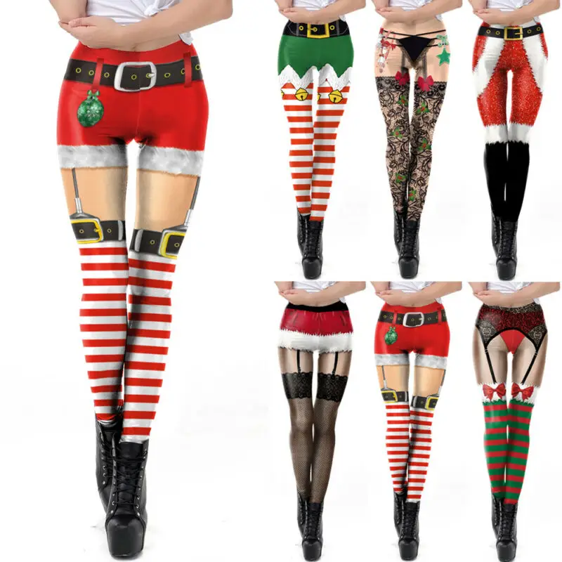 

Women Xmas Christmas Leggings Stretch Hight Waist striped bow Lace bell's belt 3D printing Pants Sports Trousers