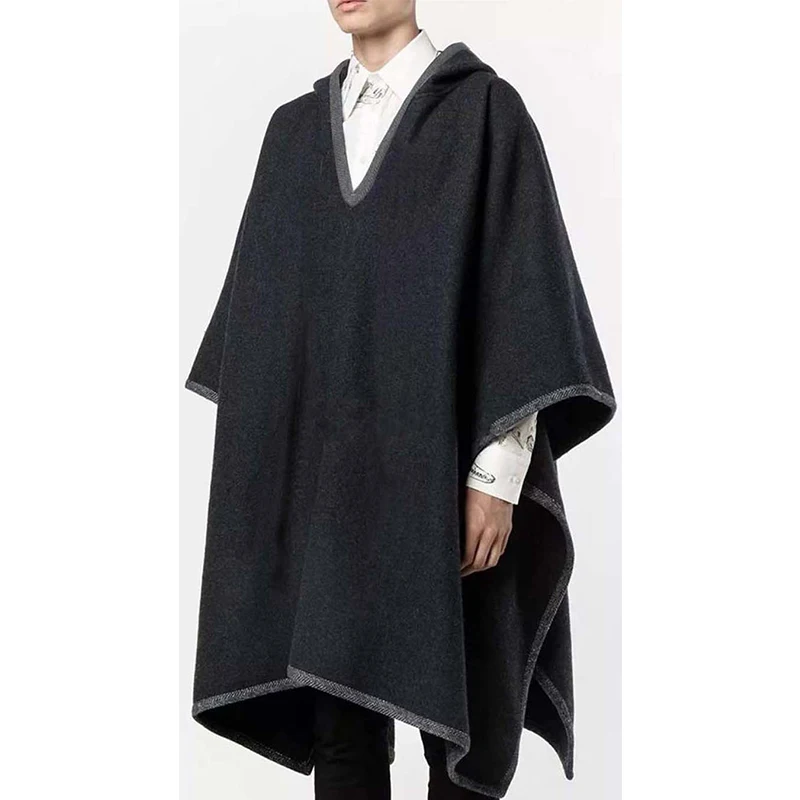 Retro coat men's long section autumn and winter cloak shawl coat tide dark gray hooded cloak wool hooded