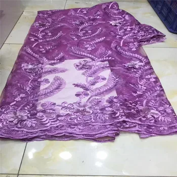 

2019 High Quality French purple Tulle Beaded African Lace Fabric 3d flowers Embroidered Nigerian Lace Fabrics For Wowen Dress