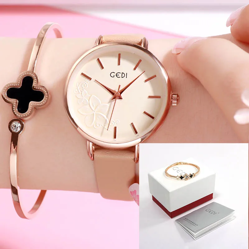 GEDI женские часы, ультра-тонкие кварцевые часы, простой стиль, деловые часы, женские часы с кожаным ремешком, женские наручные часы, Reloj Mujer - Цвет: Apricot box